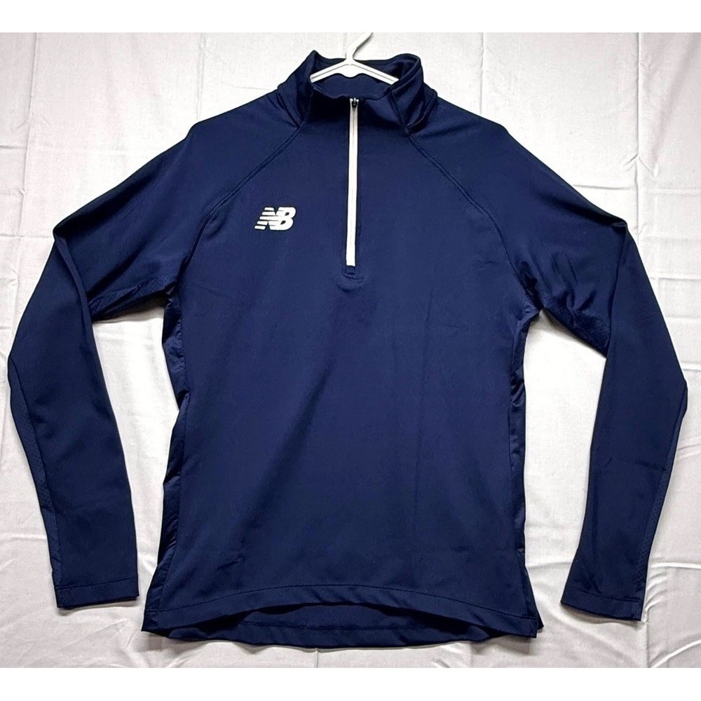 New Balance Top Womens Large Navy Blue Logo Thumbhole Sleeve Quarter Zip Running